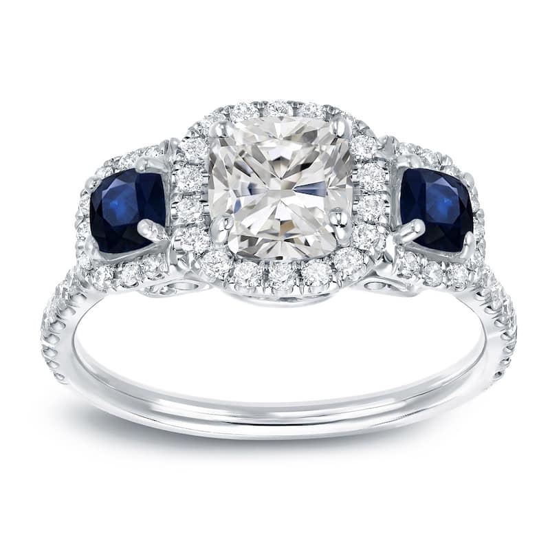 Auriya 14k Gold 1 1/2cttw Cushion-cut 3-Stone Diamond and Sapphire Engagement Ring (H-I, I1-I2) - White - 10
