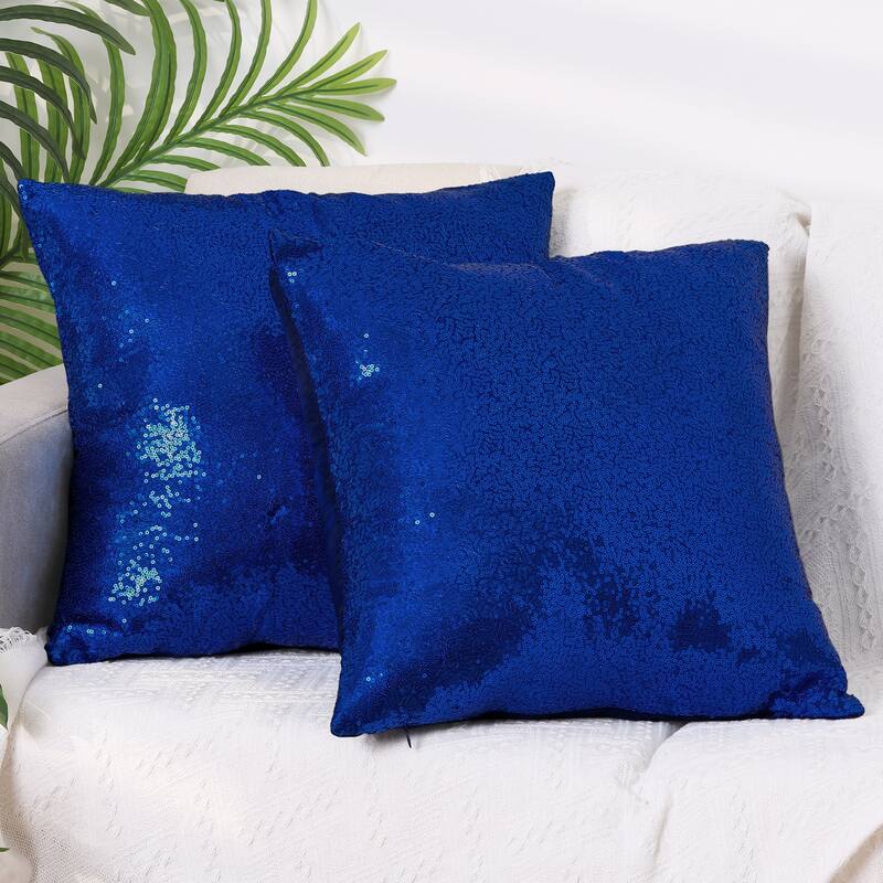 Sequin Throw Pillow Covers, Pack of 2 Square Glitter Decorative Pillow Cases Personalized Cushion Covers - Dark Blue - 16 x 16 Inch