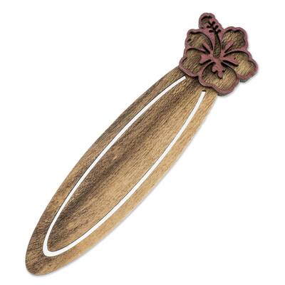 NOVICA Handmade Tropical Hibiscus Recycled Teakwood Bookmark (Costa Rica) - 4.9" H x 1.2" W x 0.2" D