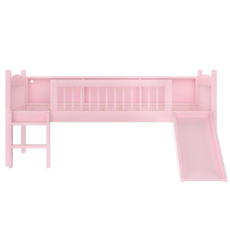 Roomfitters Twin XL Low Loft Bed with Storage Shelves and LED Lights, Solid Wood Frame