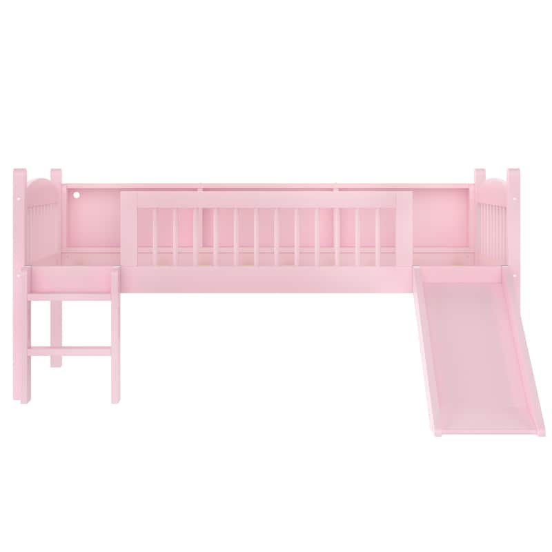 Twin XL Loft Bed with Storage Shelves, Solid Wood Lower Loft Bed with LED Lights and Full-length Guardrails