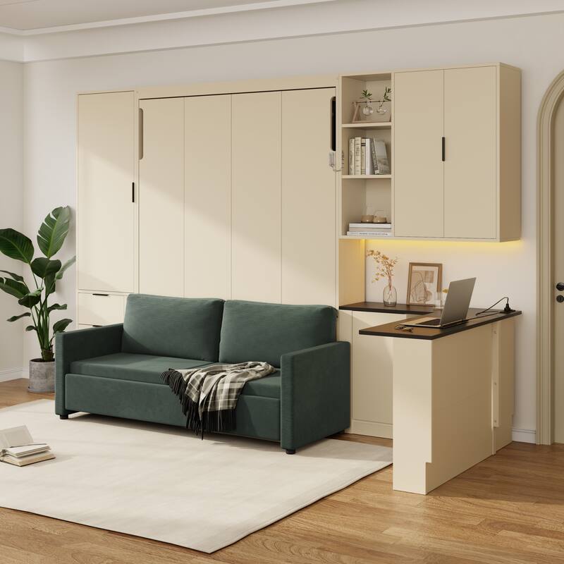 Folding Wall Bed Queen Size Murphy Bed with Sofa and L Shape Desk