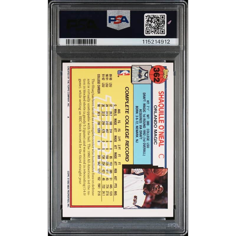 Shaquille O'Neal 1992 Topps Gold Signed Basketball Rookie Card #362 Auto PSA 115214912 - 8' x 11'