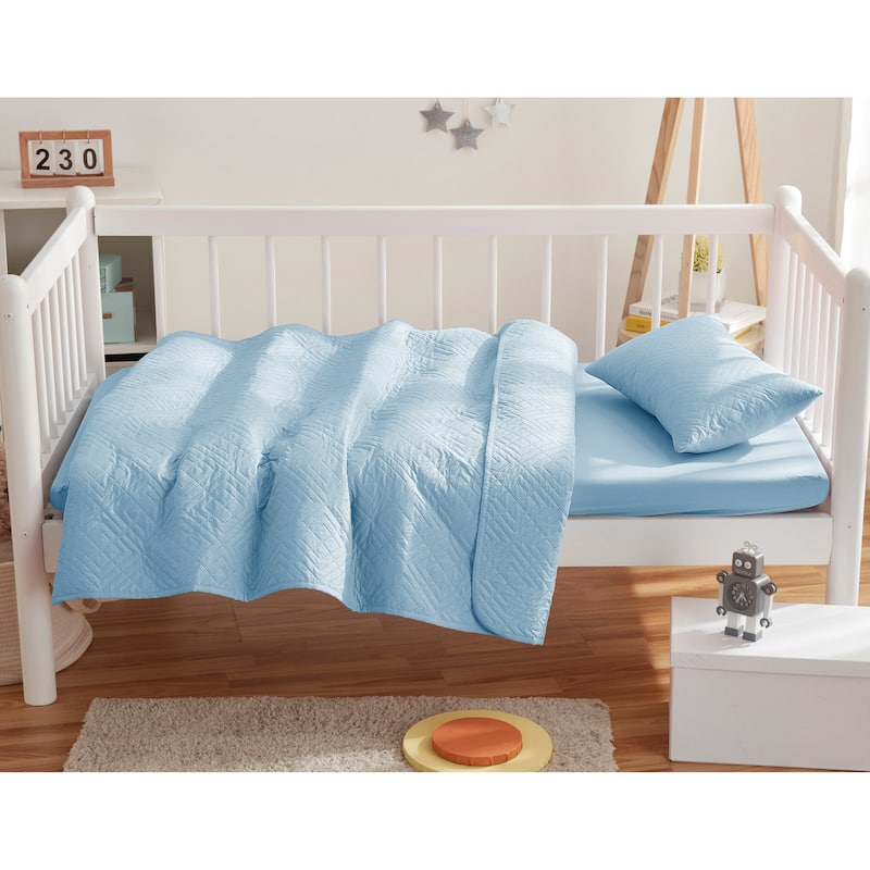 Clara Clark Diamond Weave Toddler Bedding Set, 3PC Bedspread Set - All Season Quilted Comforter, Fitted Sheet, and Pillow Sham - Light Blue