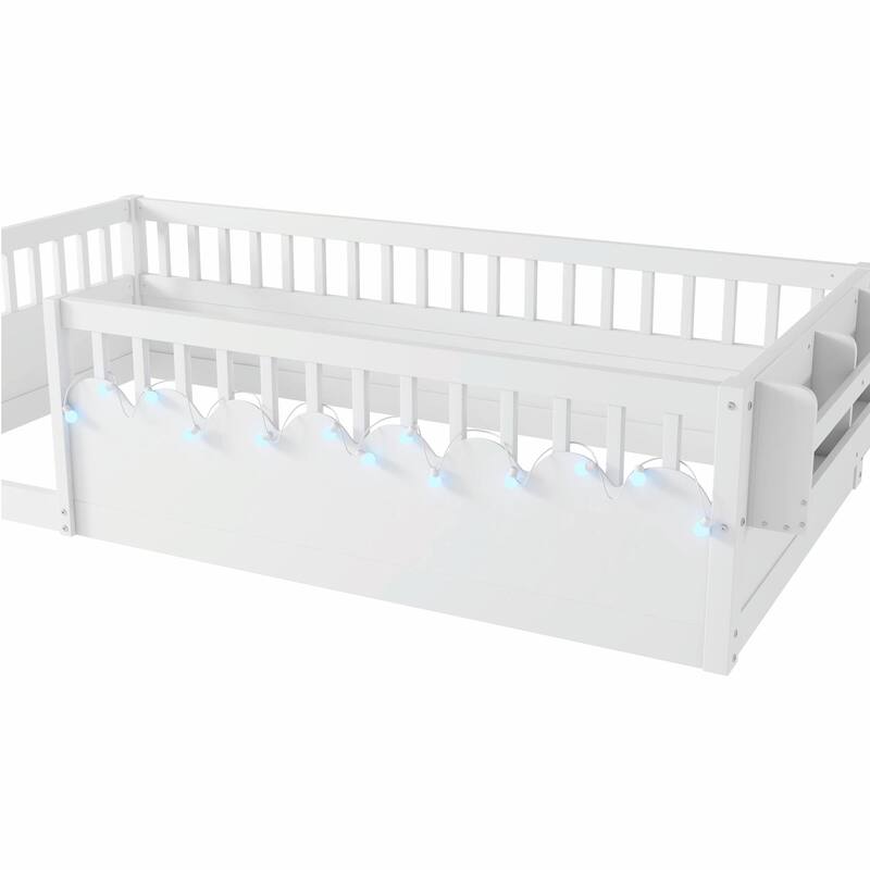 Floor Bed Frame with High Rails, Wooden Kids Floor Bed with Light and Storage Shelf