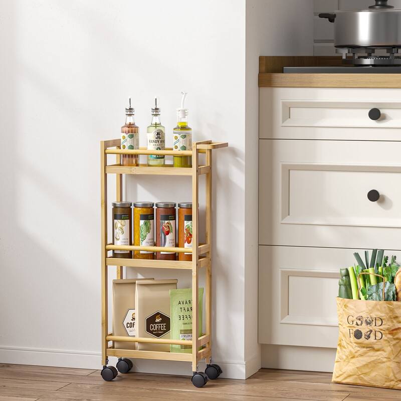 Anmytek 3-Tier Bamboo Kitchen Rolling Cart - Multi-Purpose Mobile Trolley with Lockable Wheels