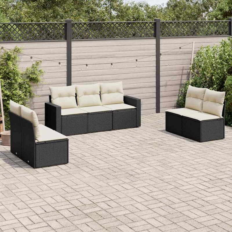 vidaXL Patio Sofa Set with Cushions Outdoor Furniture 7 Piece Poly Rattan - Black and Cream - 24.4 x 25.8 x 27.2 in (W x L x H)
