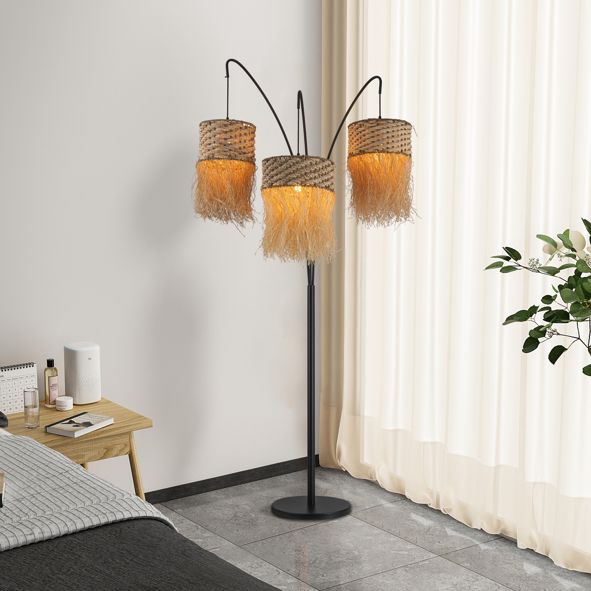 Amber 3 Light 72 Rattan Raffia Arc Floor Lamp in Matte Black Adjustable 46 in. On Sale Bed Bath Beyond 42003174