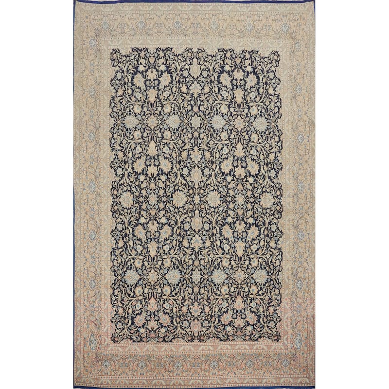 Hand Knotted Oriental 100% Wool Carpet Traditional All-Over Navy Blue & Blues Kerman Area Rug - 13' 0'' X 9' 7''