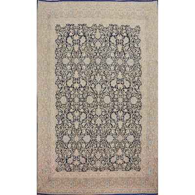 Hand Knotted Oriental 100% Wool Carpet Traditional All-Over Navy Blue & Blues Kerman Area Rug - 13' 0'' X 9' 7''