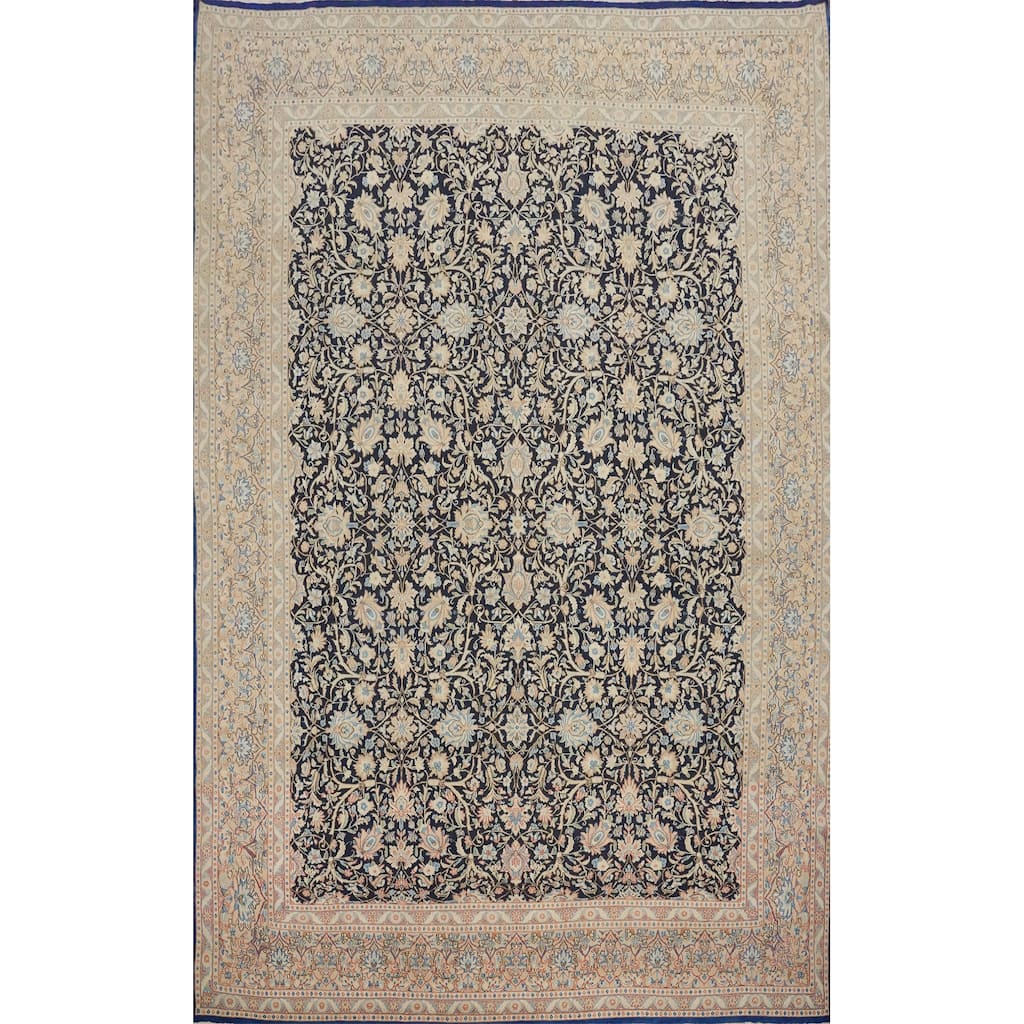 Hand Knotted Oriental 100% Wool Carpet Traditional All-Over Navy Blue & Blues Kerman Area Rug - 13' 0'' X 9' 7''