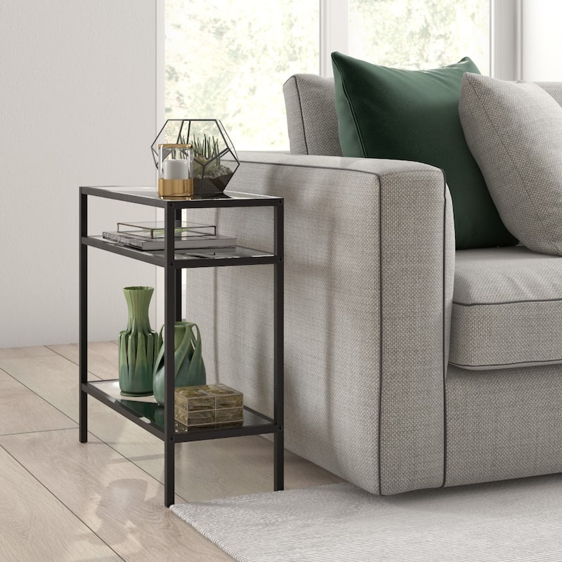 Steel Frame Glass Side End Table with 2 Shelves and Rectangular Top - 10” x 24” x 24” (D x W x H)
