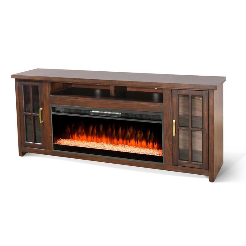 Gery TV Media Console w Crystal Fireplace, 76 Inch, 2 Cabinets, Brown