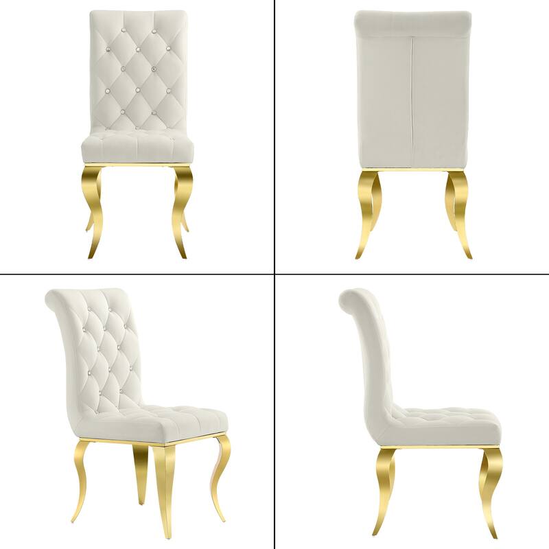 Luxury White Velvet Dining Chairs with Crystal Decor Button Tufted Back and Gold Metal Legs