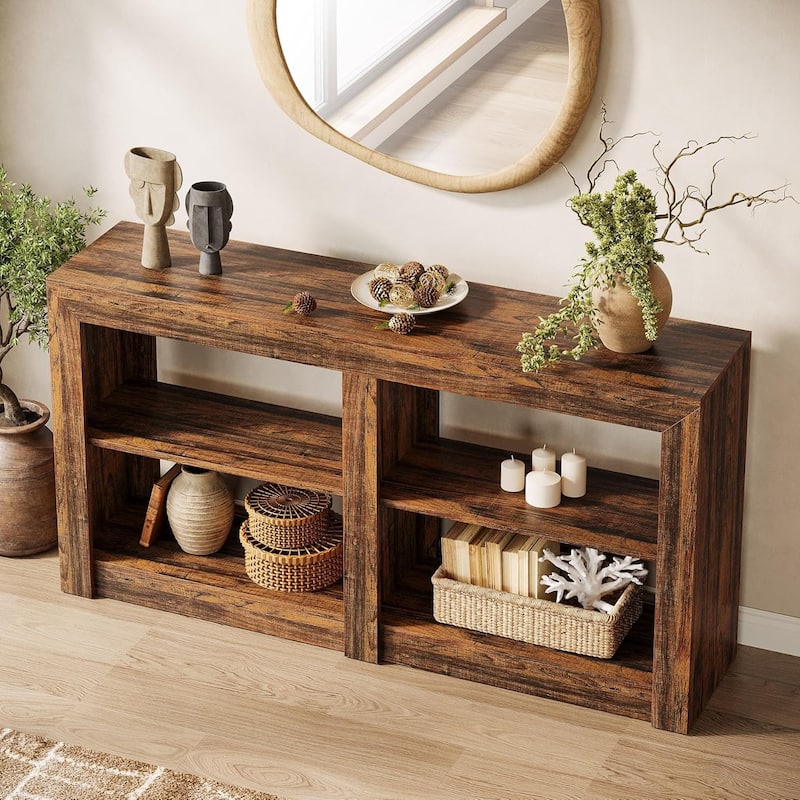 59-Inch Farmhouse Console Table, 3-Tier Entryway Table with Storage