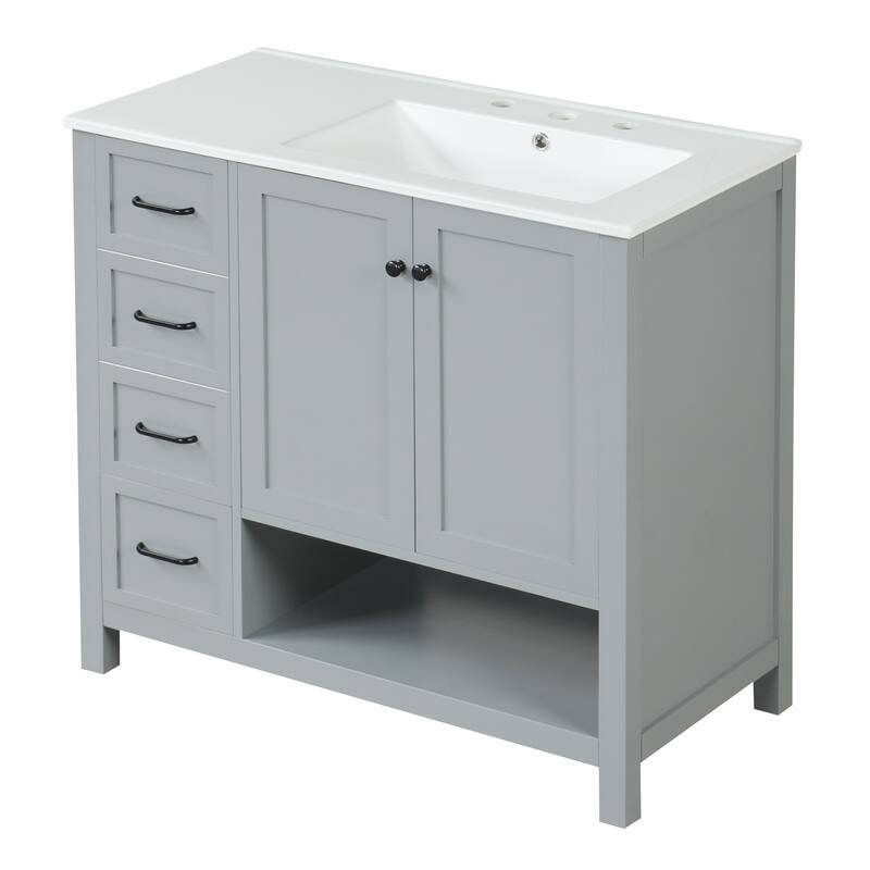 Freestanding Storage Cabinet Bathroom Vanity with Drop-In Sink, Ceramic Top, 2 Doors, 2 Drawers and Open Shelf