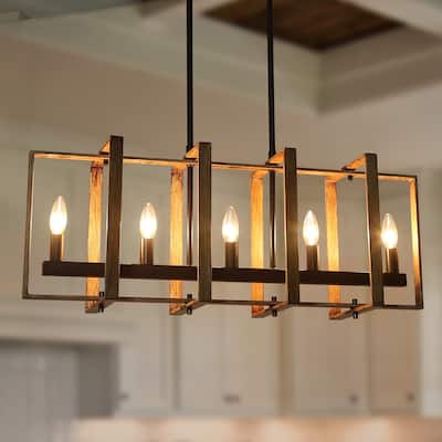 Farmhouse 5-Light Faux Wood Linear Chandelier Kitchen Island Lights for Dining Room - L31.5"x W8.5"x H13"