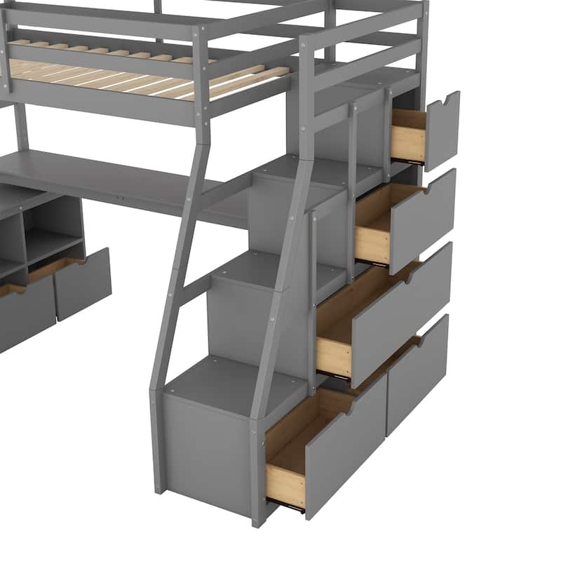 Twin Size Loft Bed with 7 Drawers, 2 Shelves, and Desk in Gray