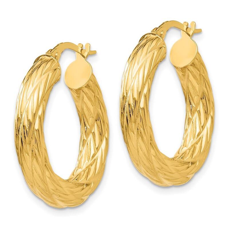 Curata 14k Yellow Gold Hollow Polished Hinged Post Textured Tube Hoop Earrings - 28x28mm