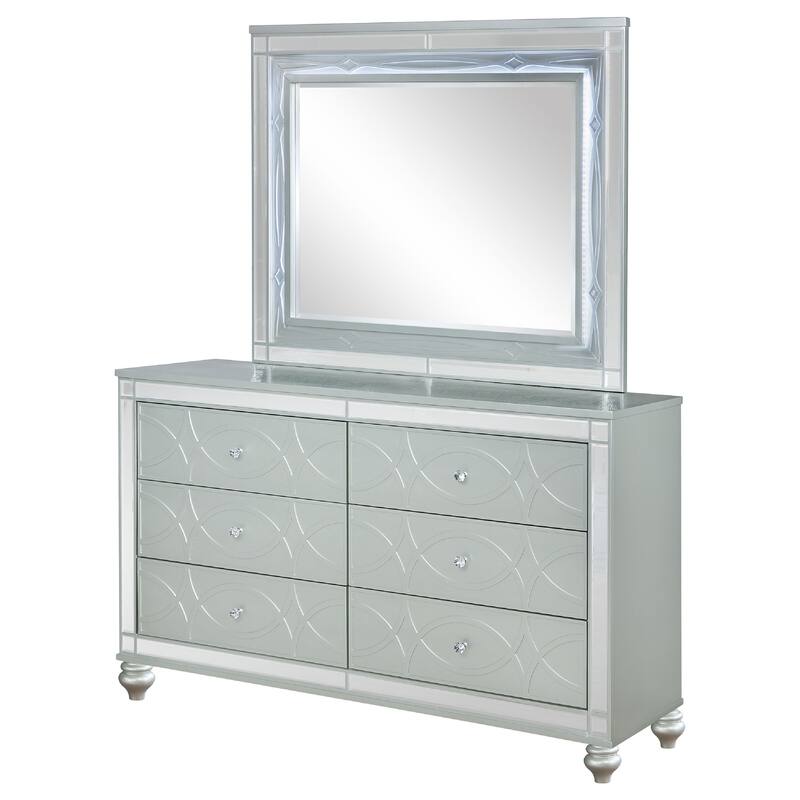 Gina Wide Dresser with Mirror, 6 Drawers, Silver Metallic Wood Frame