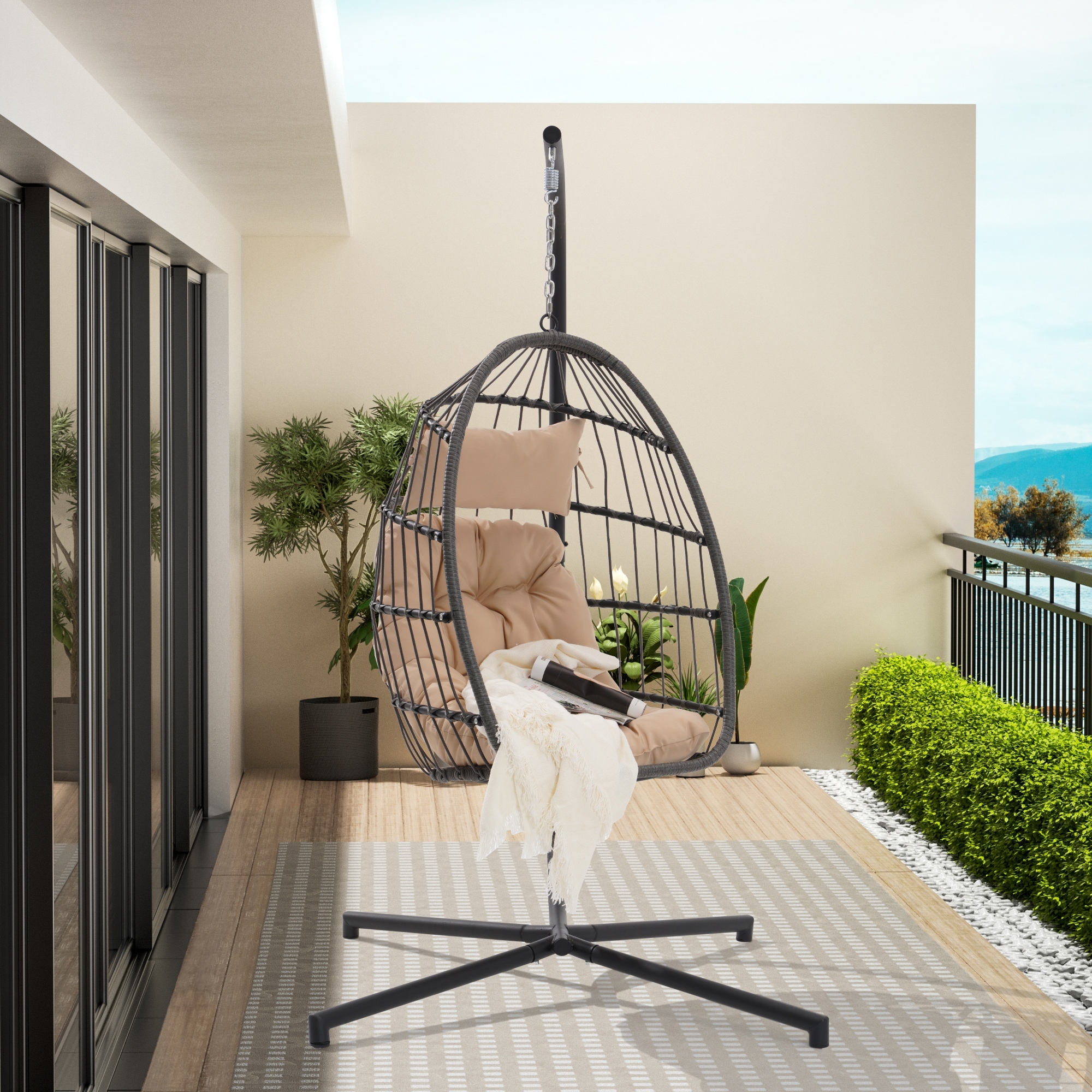 Outdoor Garden Rattan Egg Swing Chair Hanging Chair Wood Bed