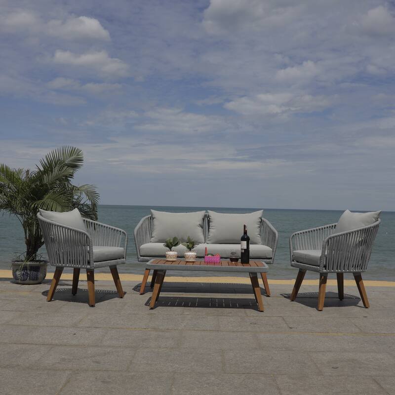 SAFAVIEH Outdoor Amelie 4 Piece Coastal Patio Chat Set - 55W x 31D x 28H