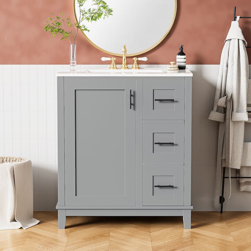 GDFStudio - Tim 30" Modern Bathroom Vanity with Ceramic Sink - Rubberwood Frame, 3 Drawers & Double-Rack Door, Soft-Close