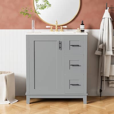 Roomfitters 36" Bathroom Vanity with Ceramic Sink, 4 Drawers, 1 Door, Adjustable Shelf, Solid Wood Frame