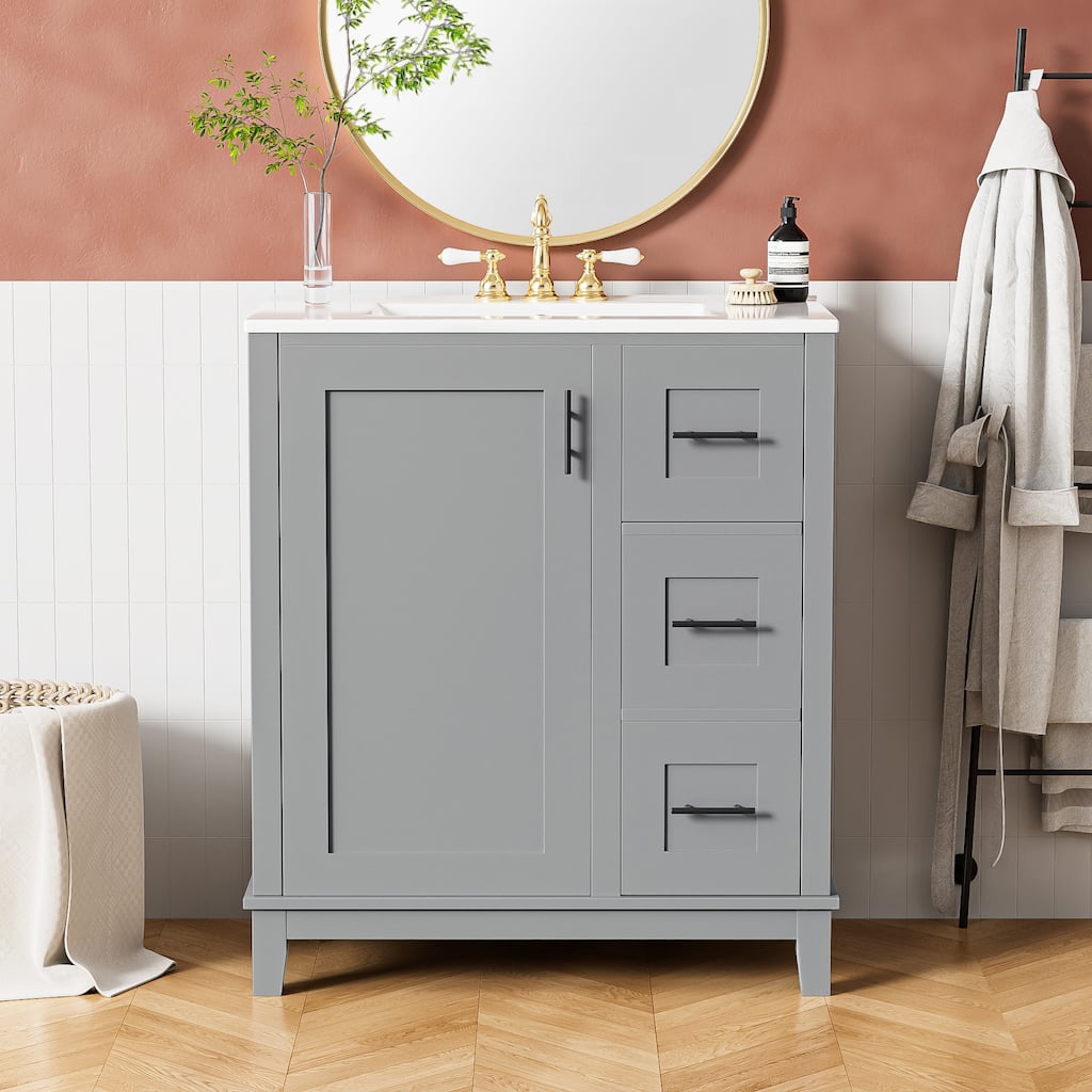 Roomfitters 36" Bathroom Vanity with Ceramic Sink, 4 Drawers, 1 Door, Adjustable Shelf, Solid Wood Frame