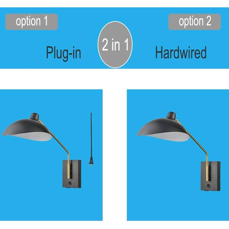 Giglio Swing Arm Bedroom Wall Sconces Modern Black Plug-in or Hardwired Sconce Lighting with USB Charge Port-Set of 2
