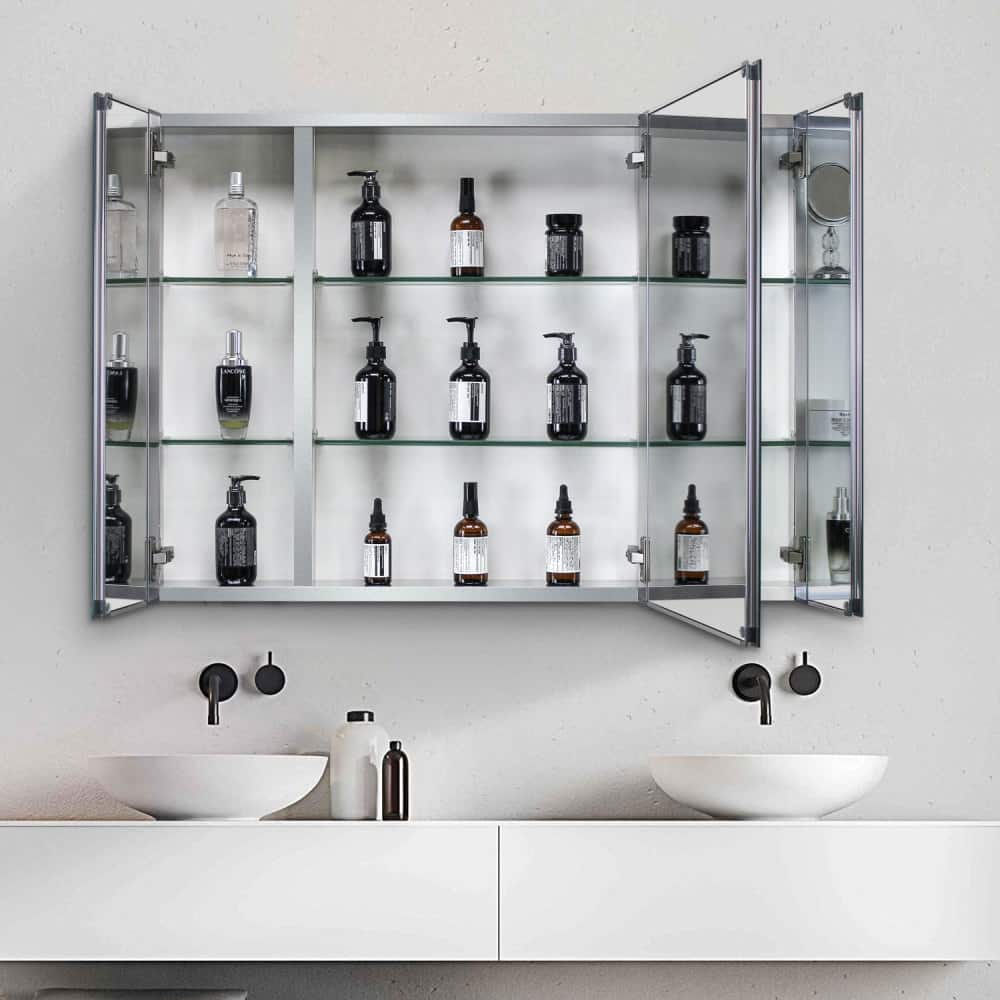 Silver 36 in. W × 26 in. H Rectangular Aluminum Surface Mount Bathroom Medicine Cabinet with Mirror 3 Doors - 36''×26''