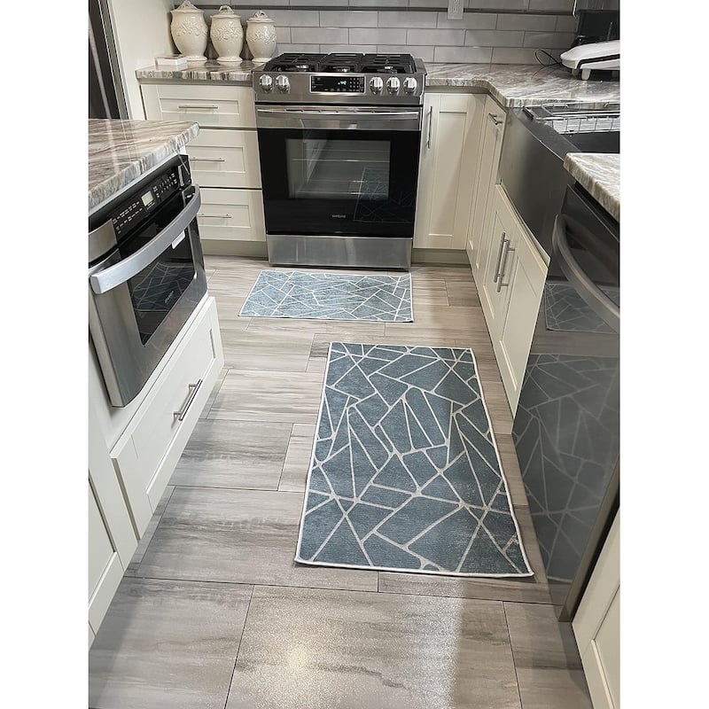 Non-skid Washable Kitchen Runner Rugs (Set of 2) - Set of 44 x 24 and 31.5 x 20 Inches - Grid-Teal