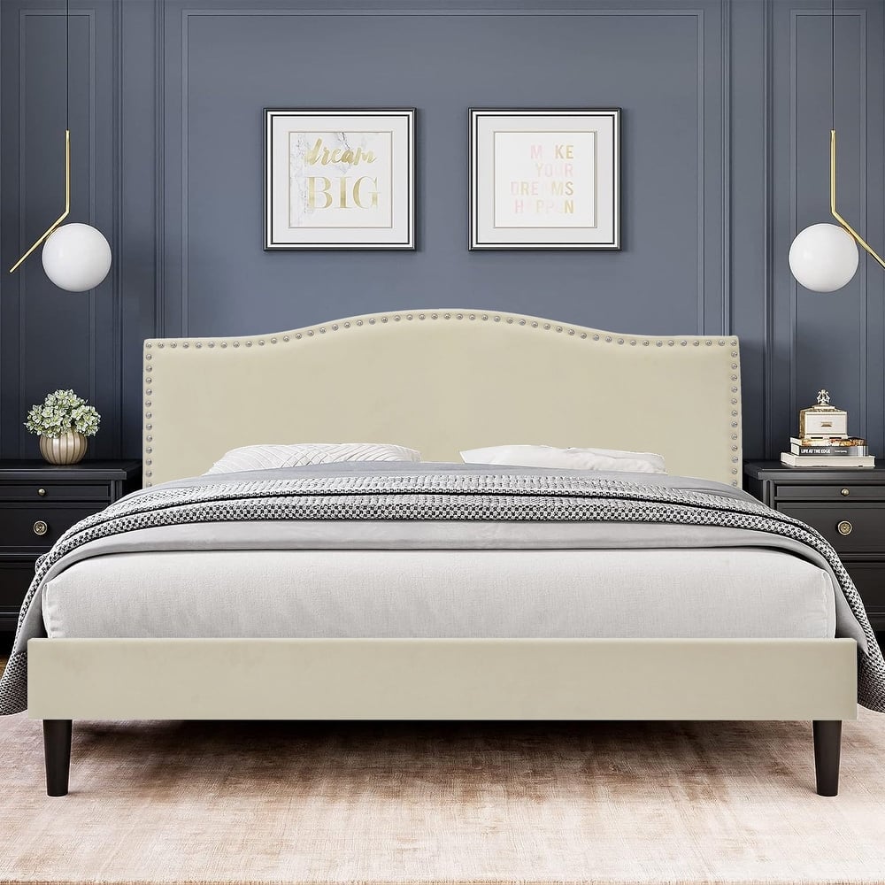 Javlergo Velvet Upholstered Bed Frame with Adjustable Headboard & Nailhead Trim Heavy-Duty Frame with Center Support Leg