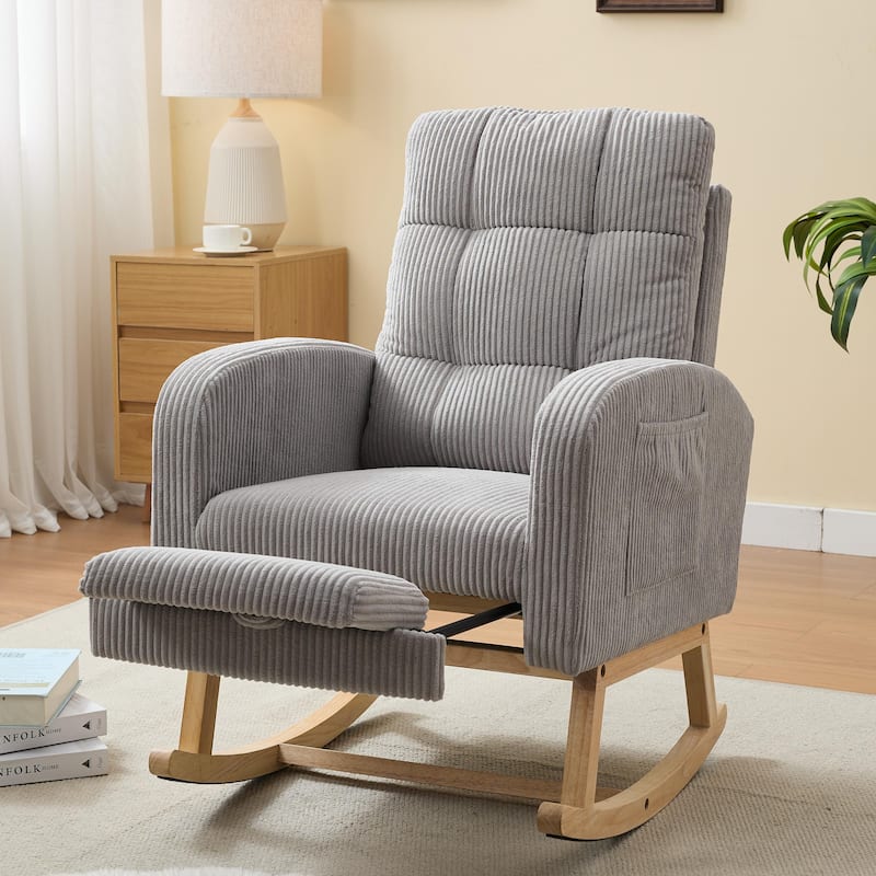 Accent Rocking Chair Rocking Chair with Solid Wood Legs, Upholstered Nursery Glider Rocker, Comfy Armchair with Side Pocket