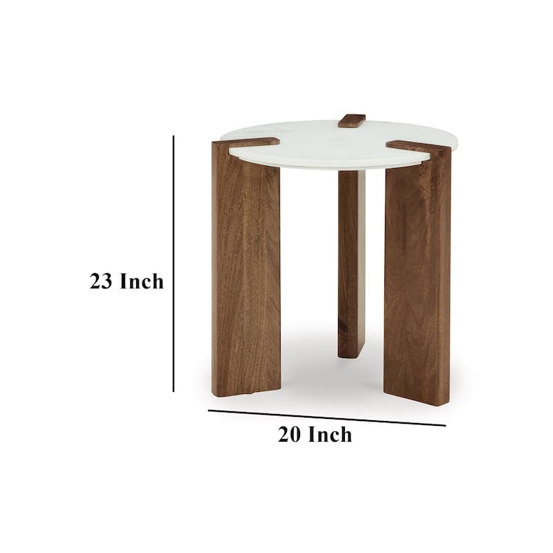 Wrenn Side End Table, Round White Marble Top, 20 Inch Brown Mango Wood
