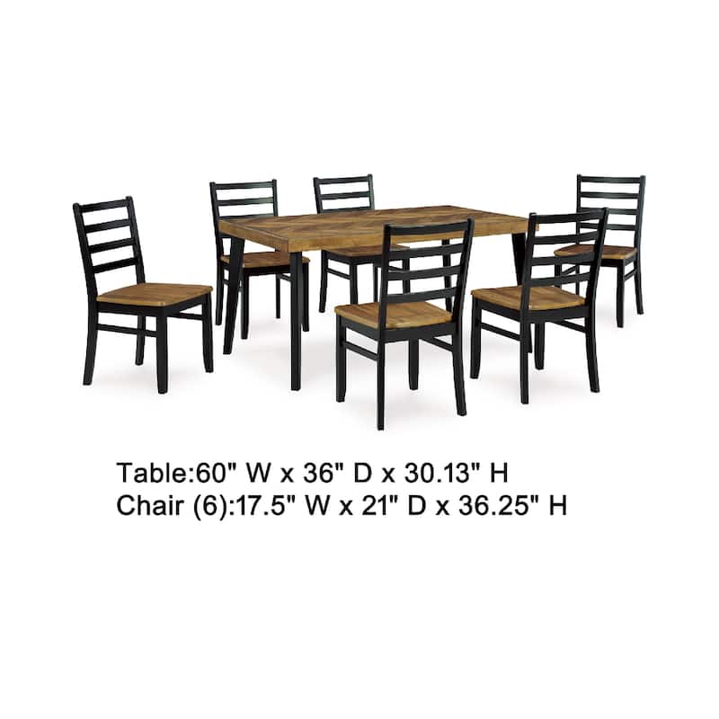 Bia 7pc Dining Table Set, Brown Chevron Tabletop, Black Ladderback Chairs