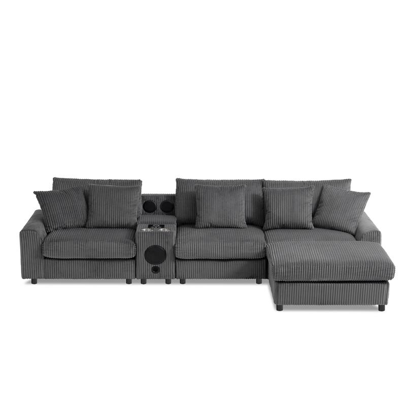 Modular Corduroy Sectional Sofa with Bluetooth Speakers, Charging Ports, Cup Holders, Storage and Ottoman for Living Room
