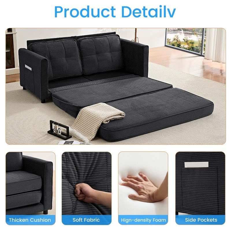 Mixoy 3-in-1 Convertible Futon Sofa Bed, Foldable Tufted Loveseat Sleeper Sofa with Side Pockets