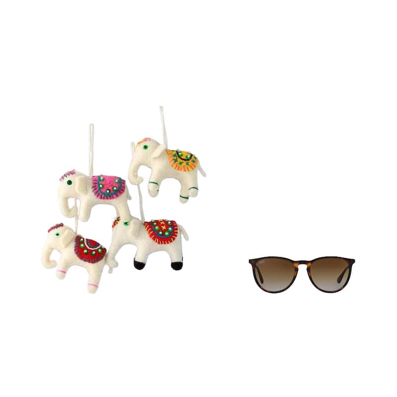 Set of 4 Handmade Wool 'White Elephants' Ornaments (India)