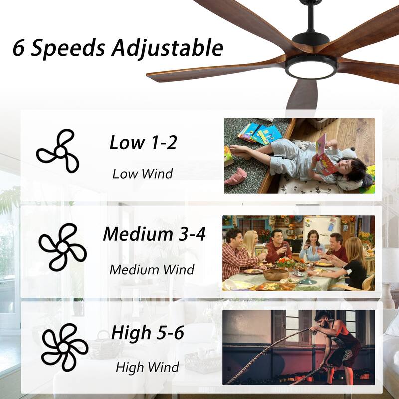60-Inch Ceiling Fan with Light, 5 Solid Wood Blades, Downrod Mount for Sloped Ceiling ≤15°, Quiet Reversible DC Motor