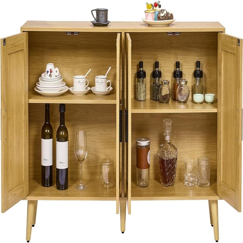 Rattan Sideboard Buffet Cabinet with 4 Doors and Adjustable Shelves - 11.8"D x 47.2"W x 29.5"H