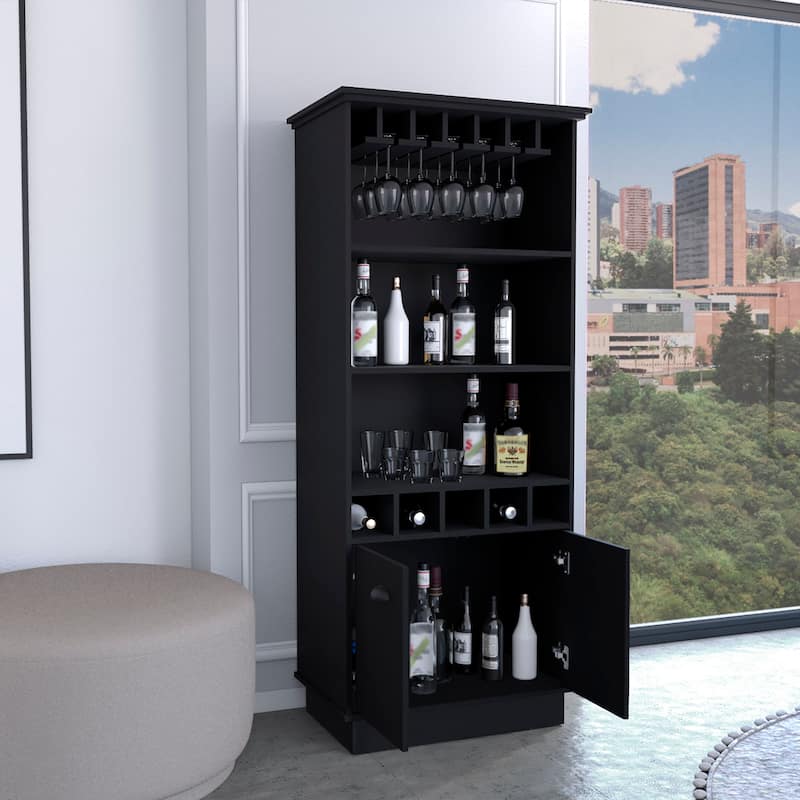 Dundee 70-Inch High 10-Glass Bar Cabinet with 5 Cubbies and 3 Open Shelves and Cabinet