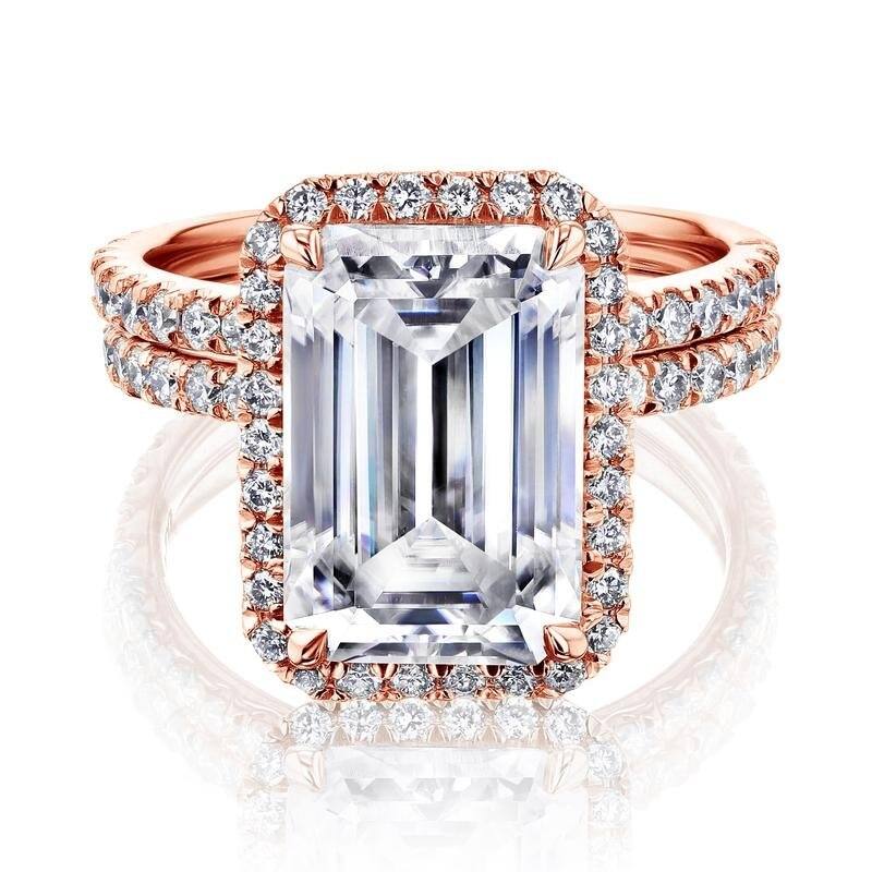 Kobelli Signature Collection 6.5 Carat Moissanite & Diamond 14k Solid Gold Emerald Halo Near Eternity Eloise Bridal Set - 5.5 - Rose