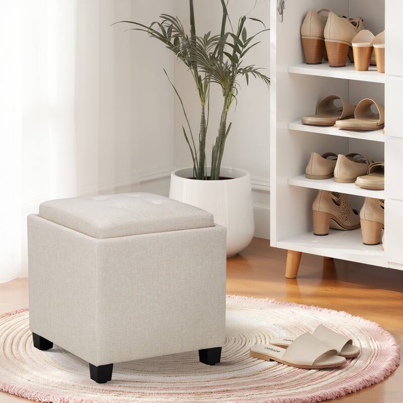 ​18" Square Storage Ottoman with Tray - 250LBS Weight Capacity, Leather Upholstered Footstool for Living Room