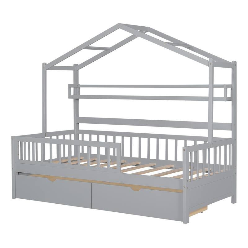 Pine House Bed with Roof, Drawers, and Shelf