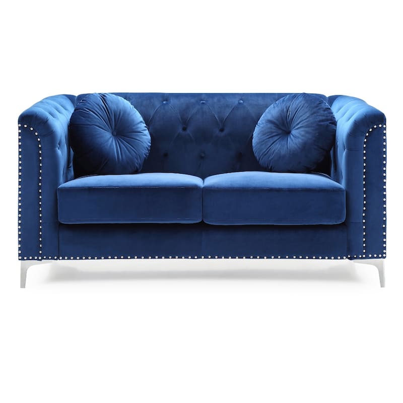 Velvet Button Tufted Loveseat with Throw Pillows - 62" - Blue