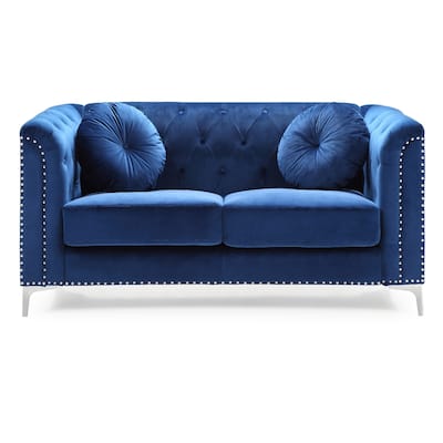 Velvet Button Tufted Loveseat with Throw Pillows - 62" - Blue