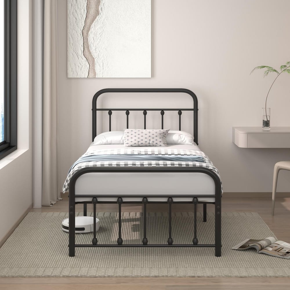 VECELO Black Metal Bed Frame with Vintage Headboard and Footboard No Box Spring Needed Premium Stable Steel Slat Support