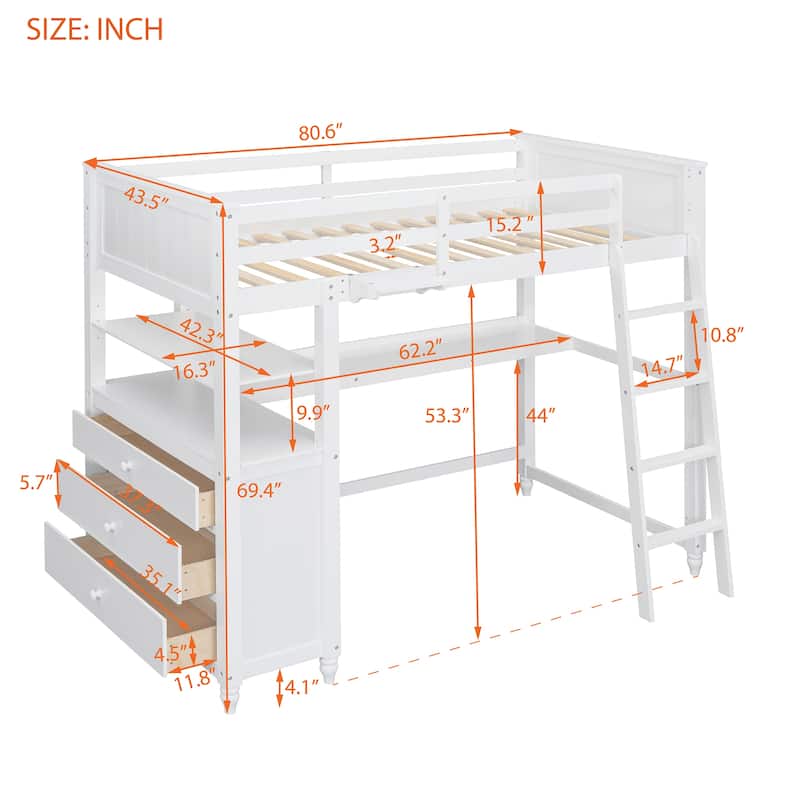 Loft Bed with Drawers and Desk, Wooden Loft Bed with Shelves