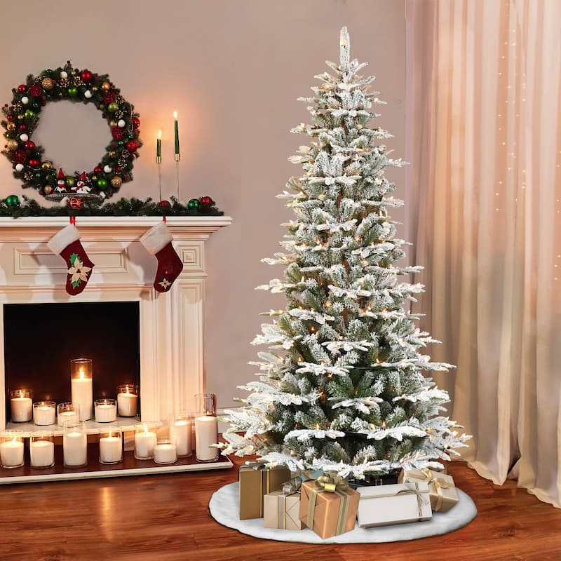 Puleo International 6.5' Pre-Lit Slim Flocked Aspen Fir Artificial Christmas Tree